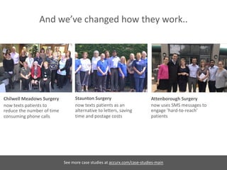 And we’ve changed how they work..
Chilwell Meadows Surgery Attenborough Surgery
See more case studies at accurx.com/case-studies-main
Staunton Surgery
now texts patients as an
alternative to letters, saving
time and postage costs
now uses SMS messages to
engage ‘hard-to-reach’
patients
now texts patients to
reduce the number of time
consuming phone calls
 