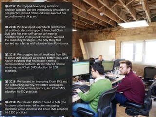 Q4 2017: We stopped developing antibiotic
decision support, worked intentionally unscalably in
one practice, moved office and were awarded our
second Innovate UK grant
Q1 2018: We developed six products (and turned
off antibiotic decision support), launched Chain
SMS (the first ever self-service software in
healthcare) and Vivek joined the team. We tried
15+ marketing strategies – the only thing that
worked was a letter with a handwritten Post-it note.
Q2 2018: We struggled to shift workload from GPs
to other staff, realised we needed better focus, and
had an epiphany that healthcare is now a
communication problem. We introduced referral
incentives and Chain SMS adoption hit 200
practices.
Q3 2018: We focused on improving Chain SMS and
the onboarding journey, we started working on
communication within a practice, and Chain SMS
adoption hit 630 practices
Q4 2018: We released Patient Thread in beta (the
first ever patient-centred instant messaging
platform), Annie joined us and Chain SMS adoption
hit 1130 practices.
 