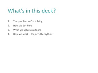 What’s in this deck?
1. The problem we’re solving
2. How we got here
3. What we value as a team
4. How we work – the accuRx rhythm!
 