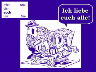 mich
dich
euch
Sie
ihn/sie/es

uns
Sie
sie

Ich liebe
euch alle!

 