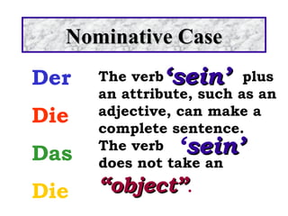 Nominative Case
Der

‘sein’

Das

The verb
plus
an attribute, such as an
adjective, can make a
complete sentence.
The verb
does not take an

Die

“object”.

Die

‘sein’

 