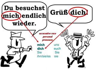 mich   uns dich   euch Sie   Sie ihn/sie/es  sie Grüß dich! Du besuchst mich endlich wieder. accusative case personal pronouns 