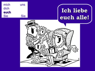 mich   uns dich   euch Sie   Sie ihn/sie/es  sie Ich liebe euch alle! 