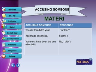 ACCUSING SOMEONE


                  MATERI
ACCUSING SOMEONE             RESPONSE

You did this,didn’t you?     Pardon ?

You made this mess.          I admit it

You must have been the one   No, I didn’t
who did it
 