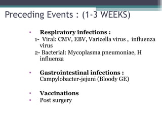 Preceding Events : (1-3 WEEKS)
• Respiratory infections :
1- Viral: CMV, EBV, Varicella virus , influenza
virus
2- Bacterial: Mycoplasma pneumoniae, H
influenza
• Gastrointestinal infections :
Campylobacter-jejuni (Bloody GE)
• Vaccinations
• Post surgery
 