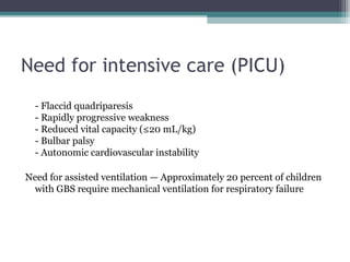 Need for intensive care (PICU)
- Flaccid quadriparesis
- Rapidly progressive weakness
- Reduced vital capacity (≤20 mL/kg)
- Bulbar palsy
- Autonomic cardiovascular instability
Need for assisted ventilation — Approximately 20 percent of children
with GBS require mechanical ventilation for respiratory failure
 