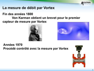 33
La mesure de débit par Vortex
Fin des années 1800
Von Karman obtient un brevet pour le premier
capteur de mesure par Vortex
Années 1970
Procédé contrôlé avec la mesure par Vortex
 