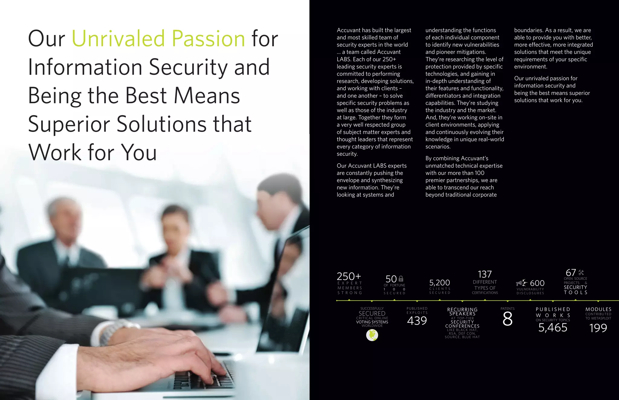 Accuvant has built the largest
and most skilled team of
security experts in the world
... a team called Accuvant
LABS. Each of our 250+
leading security experts is
committed to performing
research, developing solutions,
and working with clients –
and one another – to solve
specific security problems as
well as those of the industry
at large. Together they form
a very well respected group
of subject matter experts and
thought leaders that represent
every category of information
security.
Our Accuvant LABS experts
are constantly pushing the
envelope and synthesizing
new information. They’re
looking at systems and
understanding the functions
of each individual component
to identify new vulnerabilities
and pioneer mitigations.
They’re researching the level of
protection provided by specific
technologies, and gaining in
in-depth understanding of
their features and functionality,
differentiators and integration
capabilities. They’re studying
the industry and the market.
And, they’re working on-site in
client environments, applying
and continuously evolving their
knowledge in unique real-world
scenarios.
By combining Accuvant’s
unmatched technical expertise
with our more than 100
premier partnerships, we are
able to transcend our reach
beyond traditional corporate
boundaries. As a result, we are
able to provide you with better,
more effective, more integrated
solutions that meet the unique
requirements of your specific
environment.
Our unrivaled passion for
information security and
being the best means superior
solutions that work for you.
Our Unrivaled Passion for
Information Security and
Being the Best Means
Superior Solutions that
Work for You
RECURRING
SPEAKERS
AT TOP-TIER
SECURITY
CONFERENCES
LIKE BLACK HAT,
RSA, DEF CON,
SOURCE, BLUE HAT
PATENTS
8
E X P E RT
M E M B E R S
S TRONG
250+
of fortune
1 0 0
sec u r e d
OPEN SOURCE
PROJECTS 
SECURITY
TOO L S
50
67
SUCCESSFULLY
SECURED
CRITICAL ONLINE
VOTING SYSTEMS
WORLDWIDE
5,200 600C l i e n t s
sec u r e d
VULNERABILITY
DI S C L O S UR E S
439
1995,465
published
expl o i t s
MODULES
CONTRIBUTED
TO METASPLOIT
P U B L I S H E D
W OR K S
ON SECURITY TOPICS
137
DIFFERENT
TYPES OF
CERTIFICATIONS
 