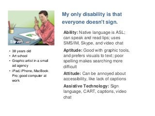 Steven 
My only disability is that 
everyone doesn't sign. 
Ability: Native language is ASL; 
can speak and read lips; uses 
SMS/IM, Skype, and video chat 
Aptitude: Good with graphic tools, 
and prefers visuals to text; poor 
spelling makes searching more 
difficult 
Attitude: Can be annoyed about 
accessibility, like lack of captions 
Assistive Technology: Sign 
language, CART, captions, video 
chat 
• 38 years old 
• Art school 
• Graphic artist in a small 
ad agency 
• iPad, iPhone, MacBook 
Pro; good computer at 
work 
 
