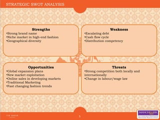 5
STRATEGIC SWOT ANALYSIS
Strengths
•Strong brand name
•Niche market in high-end fashion
•Geographical diversity
Weakness
•Escalating debt
•Cash flow cycle
•Distribution competency
Opportunities
•Global expansion plans
•New market exploitation
•Online sales in developing markets
•Traditional Marketing
•Fast changing fashion trends
Threats
•Strong competition both locally and
internationally
•Change in labour/wage law
 