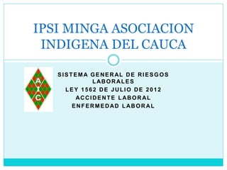 SISTEMA GENERAL DE RIESGOS
LABORALES
LEY 1562 DE JULIO DE 2012
ACCIDENTE LABORAL
ENFERMEDAD LABORAL
IPSI MINGA ASOCIACION
INDIGENA DEL CAUCA
 