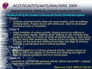 ACCF/SCAI/STS/AATS/AHA/ASNC 2009 -   Appropriateness criteria for coronary revascularization Class I Ordinary physical activity does not cause angina, such as walking, climbing stairs. Angina occurs with strenuous, rapid or prolonged exertion at work or recreation. Class II Slight limitation of ordiany activity. Angina occurs on walking or climbing stairs rapidly, walking uphill, walking or stair climbing after meals or in cold, or in wind, or under emotional stress, or only during the few hours after awakening. Angina occurs on walking more than 2 blocks on the level and clilmbing more than one flight of ordinary stairs at a normal pace and in normal condition. Class III Marked limitations in ordinary physical activity. Angina occurs on walking one to two blocks on the level and climbing one flight of stairs in normal conditions and at a normal pace.  Class IV Inability to carry on any physical activity without discomfort – anginal symptoms may be present at rest.  Patel et al. JACC 2009;53:530-553 Grading of AP by the Canadian Cardiovascular Society Classification System 