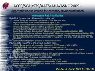 ACCF/SCAI/STS/AATS/AHA/ASNC 2009 -   Appropriateness criteria for coronary revascularization High-Risk (greater than 3% annual mortality rate) Severe resting left ventricular dysfunction (LVEF less than 35%) High-risk treadmill score (score less than or equal to 11) Severe exercise left ventricular dysfunction (exercise LVEF less than 35%) Stress-induced large perfusion defect (particularly if anterior) Stress-induced multiple perfusion defects of moderate size Large, fixed perfusion defect with LV dilation or increased lung uptake (thallium-201) Stress-induced moderate perfusion defect with LV dilation or increased lung uptake (thallium-201) Echocardiographic wall motion abnormality (involving greater than two segments) developing at low dose of dobutamine (less than or equal to 10 mg/kg/min) or at a low heart rate (less than 120 beats/min) Stress echocardiographic evidence of extensive ischemia Intermediate-Risk (1% to 3% annual mortality rate) Mild/moderate resting left ventricular dysfunction (LVEF equal to 35% to 49%) Intermediate-risk treadmill score (11 less than score less than 5) Stress-induced moderate perfusion defect without LV dilation or increased lung intake (thallium-201) Limited stress echocardiographic ischemia with a wall motion abnormality only at higher doses of dobutamine involving less than or equal to two segments Low-Risk (less than 1% annual mortality rate) Low-risk treadmill score (score greater than or equal to 5) Normal or small myocardial perfusion defect at rest or with stress* Normal stress echocardiographic wall motion or no change of limited resting wall motion abnormalities during stress Patel et al. JACC 2009;53:530-553 Noninvasive Risk Stratification 