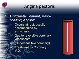 Angina pectoris Prinzmetal (Variant, Vaso-spastic) Angina: Occurs at rest, usually accompanied by arrhythmia. Due to reversible coronary vasospasm  (Supersensitive coronary)  Treatment by Coronary V.D. 