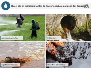 Quais são as principais fontes de contaminação e poluição das águas?
Atividades agrícolas
Esgotos domésticos
Indústrias
Desastres ambientais
 