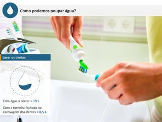Como podemos poupar água?
Lavar os dentes
Com água a correr = 19 L
Com a torneira fechada na
escovagem dos dentes = 0,5 L
 