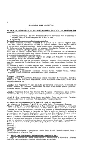 ///
COMUNICADOS DE SECRETARIA
1.- AREA DE DESARROLLO DE RECURSOS HUMANOS –INSTITUTO DE CAPACITACION
JUDICIAL:
A. Aclara que el Módulo 3 del curso “Ministerio Público” en la ciudad de Paso de los Libres, el
tema es: Asesorías de Menores (publicado en Acdo. N°10/12).
B. Programas:
Proceso Sucesorio. Aspectos sustanciales y procesales.
1.- Proceso Sucesorio. Concepto. Necesidad de la apertura de la sucesión. Régimen legal.
Clasificación: Sucesión Testamentaria, Sucesión “Ab Intestato” Sucesión Vacante. Regulación en el
CPCC. Caracteres del Proceso Sucesorio: Función del Juez. Juicio Voluntario. Juicio Universal.
2.- Reglas comunes. Competencia. Fuero de atracción. Acumulación. Requisito de iniciación.
Legitimados. Herederos. Cónyuge Supérstite. Sucesión extrajudicial.
3.- Sucesión “Ab Intestato”. Providencia de apertura y citación a los interesados. Edictos. Declaratoria
de Herederos. Requisitos. Prueba de la vocación hereditaria. Efectos de la declaratoria. Ampliación
de la declaratoria. Admisión de nuevos herederos.
4.- Sucesión Testamentaria. Concepto. Régimen del Código Civil. Requisitos de procedencia.
Testamento por acto público. Testamento Ológrafo.
5.- Administración de la Herencia. Administrador provisional y definitivo. Nombramiento del cónyuge
supérstite, conveniencia. Aceptación del cargo. Facultades. Actos conservatorios. Rendición de
cuentas.
6.- Inventario y Avalúo. Concepto. Régimen legal. Inventario provisorio e inventario definitivo.
Nombramiento del inventariador. Citaciones para formar el inventario. Avalúo. Concepto. Régimen
legal. Facultades del Juez.
7.- Participación y adjudicación. Caracteres. Partición Judicial. Partición Privada. Partidor.
Designación. Cuenta particionaria. Presentación de la cuenta particionaria.
Aranceles y Honorarios.
Unidad 1: Vínculo Abogado-Cliente. Naturaleza Jurídica. Presunción de Onerosidad. Gratuidad.
Aplicación de Leyes Arancelarias en el Tiempo. Pautas Arancelarias. Oportunidad y Forma de la
Regulación. Moneda. IVA.
Unidad 2: Base Regulatoria. Procesos concluidos por sentencia o transacción. Oponibilidad del
Acuerdo. Procesos no concluidos. Determinación del valor de los bienes. Etapas procesales.
Incidentes. Medidas cautelares. Tercerias.
Unidad 3: Porcentajes. Sumas fijas. Mínimos. IUS. Abogados y Procuradores. Doble carácter.
Litisconsorcio. Abogado en causa propia. Presunción de patrocinio. Segunda y tercera instancias.
Unidad 4: Otros profesionales. Otras tareas aranceladas. Cobro del honorario. Ejecución.
Prescripción. Convenios de honorarios. Pacto de cuota litis. Trabajo extrajudicial.
2.- MINISTERIO DE GOBIERNO –JEFATURA DE POLICIA DE CORRIENTES:
Hace saber que por Resolución J.P. N°595/12, ha re suelto: “Visto: …Considerando:…Resuelve:
Artículo 1): CREAR, la “Comisaría Segunda de la Mujer y el Menor”, que funcionará en el inmueble
ubicado en la intersección de las calles Milán y El Trébol del barrio 17 de Agosto de la ciudad de
Corrientes, con dependencia orgánica y funcional de la Dirección de Seguridad Metropolitana de la
Dirección General de Seguridad y Prevención del Delito, y tendrá por jurisdicción territorial la
comprendida en las Comisarías Seccionales: Octava, Novena, Décima, Décimo Primera, Décimo
Tercera, Décimo Cuarta, Décimo Sexta, Décimo Séptima, Décimo Octava y Riachuelo.
Artículo 2): MODIFICAR en lo pertinente la denominación de la actual Comisaría de la Mujer y del
Menor, la que a partir de la presente se denominará: “Comisaría Primera de la Mujer y el Menor”, y
tendrá por jurisdicción territorial la comprendida en las Comisarías Seccionales: Primera, Segunda,
Tercera, Cuarta, Quinta, Sexta, Séptima, Décimo Segunda, Décimo Quinta y Décimo Novena.
Artículo 3): …
Artículo 4): …
Artículo 5):…
Artículo 6):…
Fdo. Dr. Juan Alfredo Ojeda –Comisario Gral.-Jefe de Policía de Ctes. –Ramón Severiano Maciel –
Comisario Inspector –Policía de Ctes.”.
/// 3.- CIRCULO DE EXPERTOS EN CRIMINALISTICA Y CRIMINOLOGIA:
El Colegio de Graduados en Ciencias Criminalísticas y Criminología de la Provincia de Corrientes
hace saber los costos de gastos periciales vigentes para el año en curso:
 