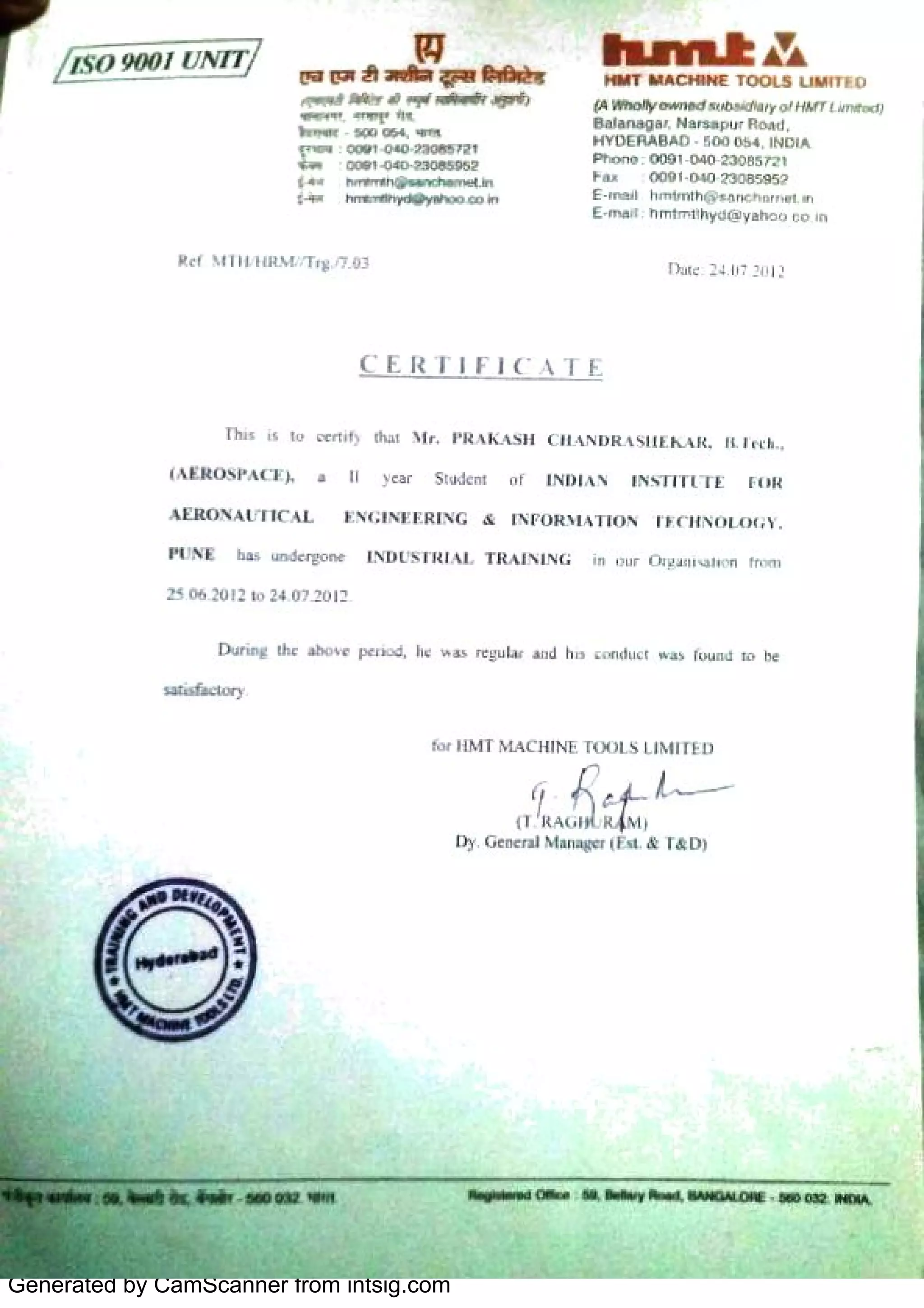 HMT certificate | PDF