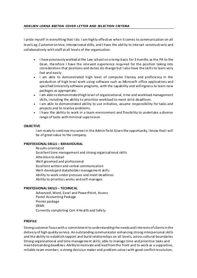 sample cover letter addressing key selection criteria