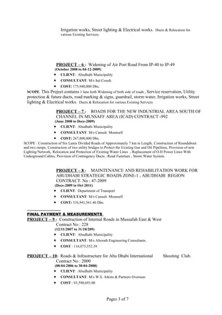 Irrigation works, Street lighting & Electrical works. Ducts & Relocation for
various Existing Services.
PROJECT – 6 : Widening of Air Port Road From IP-40 to IP-49
(October 2008 to 04-12-2009)
• CLIENT: Abudhabi Municipality
• CONSULTANT: M/s Ital Cosult.
• COST: 175,940,000 Dhs.
SCOPE. This Project contains 1 lane both Widening of both side of roads , Service reservation, Utility
protection & future ducts, road marking & signs, guardrail, storm water, Irrigation works, Street
lighting & Electrical works. Ducts & Relocation for various Existing Services
PROJECT – 7 : ROADS FOR THE NEW INDUSTRIAL AREA SOUTH OF
CHANNEL IN MUSSAFF AREA (ICAD) CONTRACT -992
(June 2008 to Dece-2009)
• CLIENT: Abudhabi Municipality
• CONSULTANT: M/s Cansult Mounsell
• COST: 267,800,000 Dhs.
SCOPE : Construction of Six Lanes Divided Roads of Approximately 7 km in Length, Construction of Roundabout
and two ramps, Construction of two utility bridges to Protect the Existing Gas and Oil Pipelines, Provision of new
Lighting Network, Relocation and Protection of Existing Water Lines , Replacement of O.H Power Lines With
Underground Cables, Provision of Contingency Ducts , Road Furniture , Storm Water System.
PROJECT – 8 : MAINTENANCE AND REHABILITATION WORK FOR
ABUDHABI STRATEGIC ROADS ZONE-1 , ABUDHABI REGION
CONTRACT. No : 47-2009
(Dece-2009 to Oct 2011)
• CLIENT: Department of Transport
• CONSULTANT: M/s Cansult Mounsell
• COST: 316,941,561.46 Dhs.
FINAL PAYMENT & MEASUREMENTS
PROJECT – 9 : Construction of Internal Roads in Mussafah East & West
Contract No : 228
(12/11/2007 to 31/10/209)
• CLIENT: Abudhabi Municipality
• CONSULTANT: M/s Altorath Engineering Consultants.
• COST : 116,073,552.39
PROJECT – 10: Roads & Infrastructure for Abu Dhabi International Shooting Club.
Contract No : 2000
(08-04-2006 to 30-04-2008)
• CLIENT: Abudhabi Municipality
• CONSULTANT: M/s W.S. Atkins & Partners Overseas
• COST : 93,590,693.00
Pages 3 of 7
 