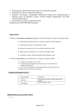 • Planning and supervising various types of construction projects.
• Estimation of various construction projects.
• Estimate, Purchasing, Assembling, Installation testing and commissioning of
different types of pipelines, Cranes, Ground Support Equipments and other
custom based projects.
• Specialized in Customer support division.
•Experienced in ISO 9001:2000 standards
Opportunities
2. Worked as Site Engineer and Quantity Surveyor for M/s Kunil Builders & Contractors, Mangalore, INDIA.
● Coordinating with Internal Sections, Consultant and Client for Bill Preparation.
● Supervision of all type of civil & Electrical works.
● Reporting the requirements of men, material & machineries to HO.
● Approving & Forwarding the Sub –Contractors & Suppliers Bill's.
● Compilation of Daily, Weekly & Monthly Progress Reports to HO.
3. Worked as Site Inspector for M/s Millennium civil Engineers, Mangalore, INDIA.
● Supervision of all type of civil works
● coordinating and providing technical assistance to sub contractors for
carrying out work at site.
● also involved in preparation of shop drawings and site studies for pricing.
● Quantity take off for material requirement.
COMPUTER PROFICIENCY
PROFESSIONAL QUALIFICATION
Pages 6 of 7
1 Spread Sheets MS Excel
2 Drafting
MS Word, Power Point, & Photo Impression 3,
Internet.
3 Draughting
Auto CAD 2004 - 2010,
 