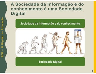 A
C
D
–
O
D
i
g
i
t
a
l
n
a
E
d
u
c
a
ç
ã
o
5
A Sociedade da Informação e do
conhecimento é uma Sociedade
Digital
Sociedade da Informação e do conhecimento
Sociedade Digital
 