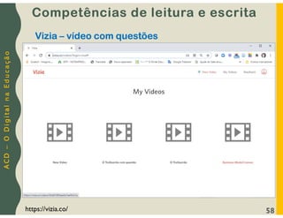 A
C
D
–
O
D
i
g
i
t
a
l
n
a
E
d
u
c
a
ç
ã
o
Competências de leitura e escrita
58
https://vizia.co/
Vizia – vídeo com questões
 
