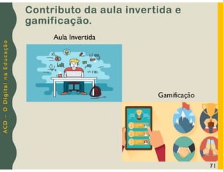 A
C
D
–
O
D
i
g
i
t
a
l
n
a
E
d
u
c
a
ç
ã
o
Aula Invertida
Gamificação
71
Contributo da aula invertida e
gamificação.
 