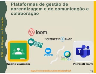 A
C
D
–
O
D
i
g
i
t
a
l
n
a
E
d
u
c
a
ç
ã
o
Plataformas de gestão de
aprendizagem e de comunicação e
colaboração
79
Google Classroom MicrosoftTeams
https://www.slideshare.net/vitorgonalves9
 
