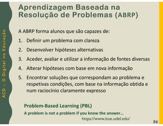 A
C
D
–
O
D
i
g
i
t
a
l
n
a
E
d
u
c
a
ç
ã
o
Aprendizagem Baseada na
Resolução de Problemas (ABRP)
86
A ABRP forma alunos que são capazes de:
1. Definir um problema com clareza
2. Desenvolver hipóteses alternativas
3. Aceder, avaliar e utilizar a informação de fontes diversas
4. Alterar hipóteses com base em nova informação
5. Encontrar soluções que correspondam ao problema e
respetivas condições, com base na informação obtida e
num raciocínio claramente expresso
A problem is not a problem if you know the answer…
https://www.itue.udel.edu/
Problem-Based Learning (PBL)
 