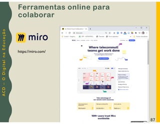 A
C
D
–
O
D
i
g
i
t
a
l
n
a
E
d
u
c
a
ç
ã
o
Ferramentas online para
colaborar
87
https://miro.com/
 