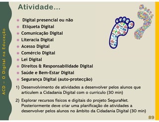 A
C
D
–
O
D
i
g
i
t
a
l
n
a
E
d
u
c
a
ç
ã
o
Atividade…
89
 Digital presencial ou não
 Etiqueta Digital
 Comunicação Digital
 Literacia Digital
 Acesso Digital
 Comércio Digital
 Lei Digital
 Direitos & Responsabilidade Digital
 Saúde e Bem-Estar Digital
 Segurança Digital (auto-protecção)
1) Desenvolvimento de atividades a desenvolver pelos alunos que
articulem a Cidadania Digital com o currículo (30 min)
2) Explorar recursos físicos e digitais do projeto SeguraNet.
Posteriormente deve criar uma planificação de atividades a
desenvolver pelos alunos no âmbito da Cidadania Digital (30 min)
 