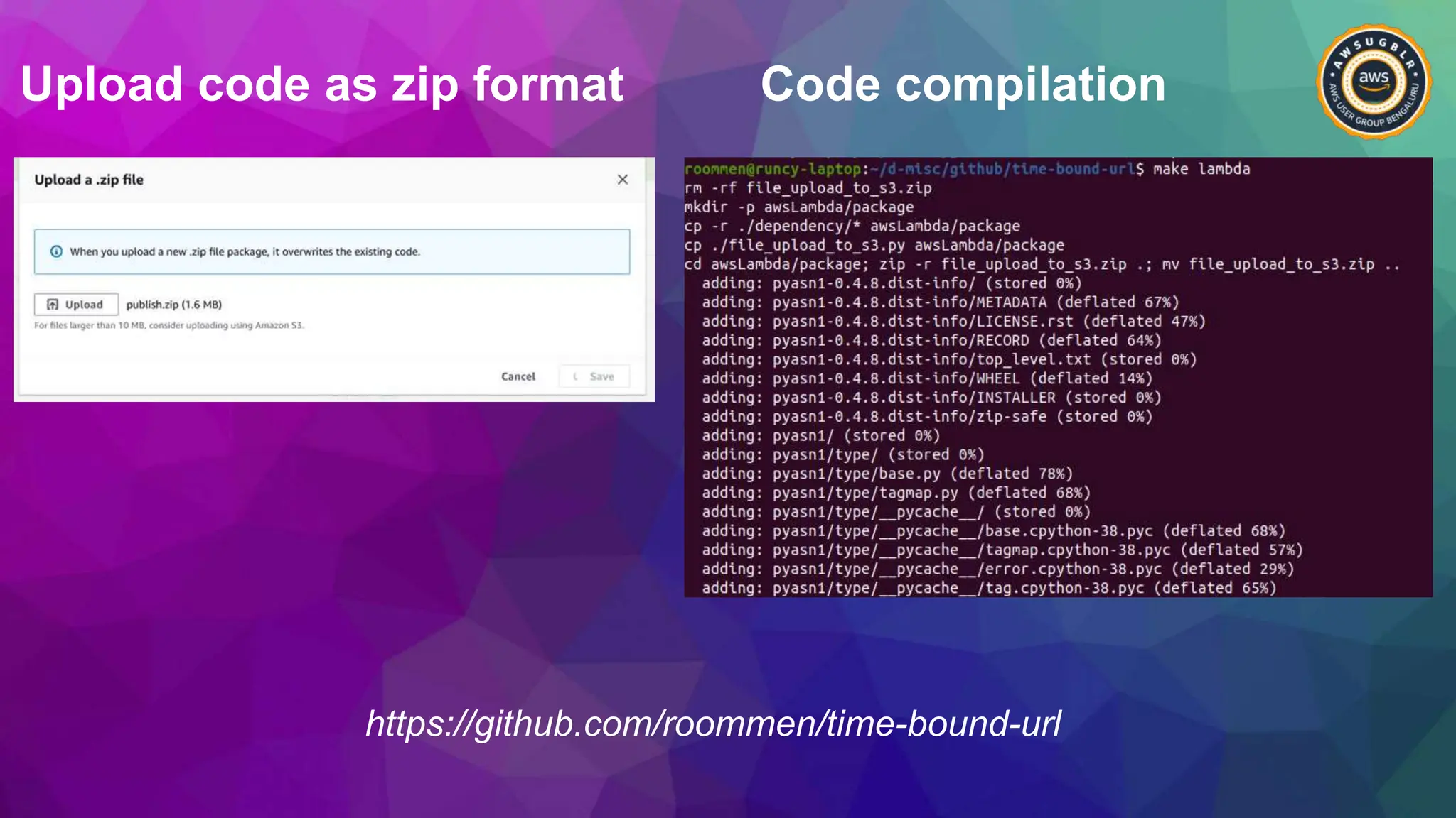 Upload code as zip format
https://github.com/roommen/time-bound-url
Code compilation
 