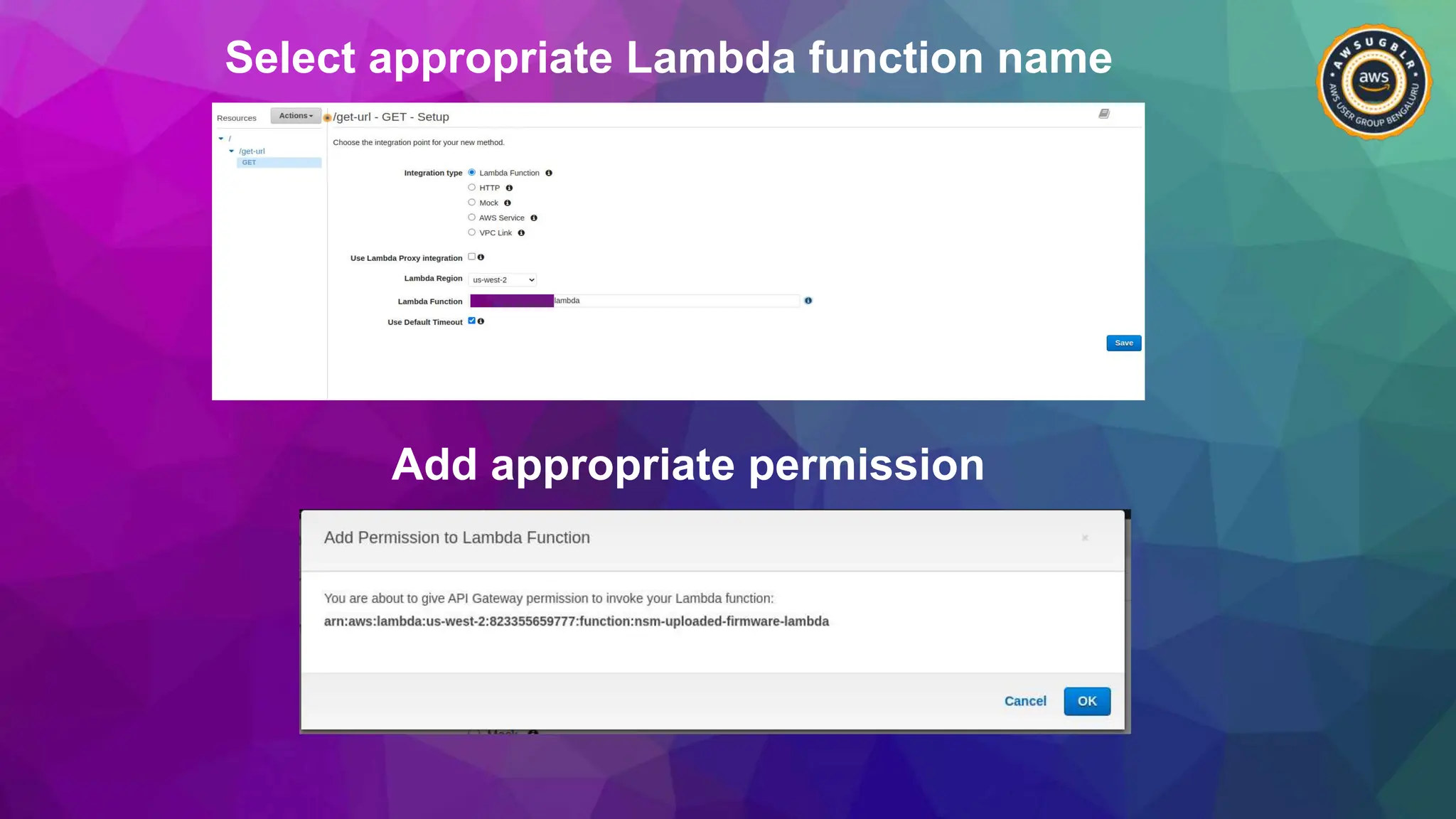 Select appropriate Lambda function name
Add appropriate permission
 