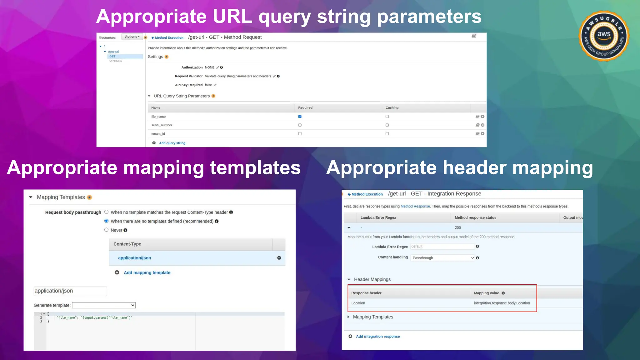 Appropriate URL query string parameters
Appropriate mapping templates Appropriate header mapping
 