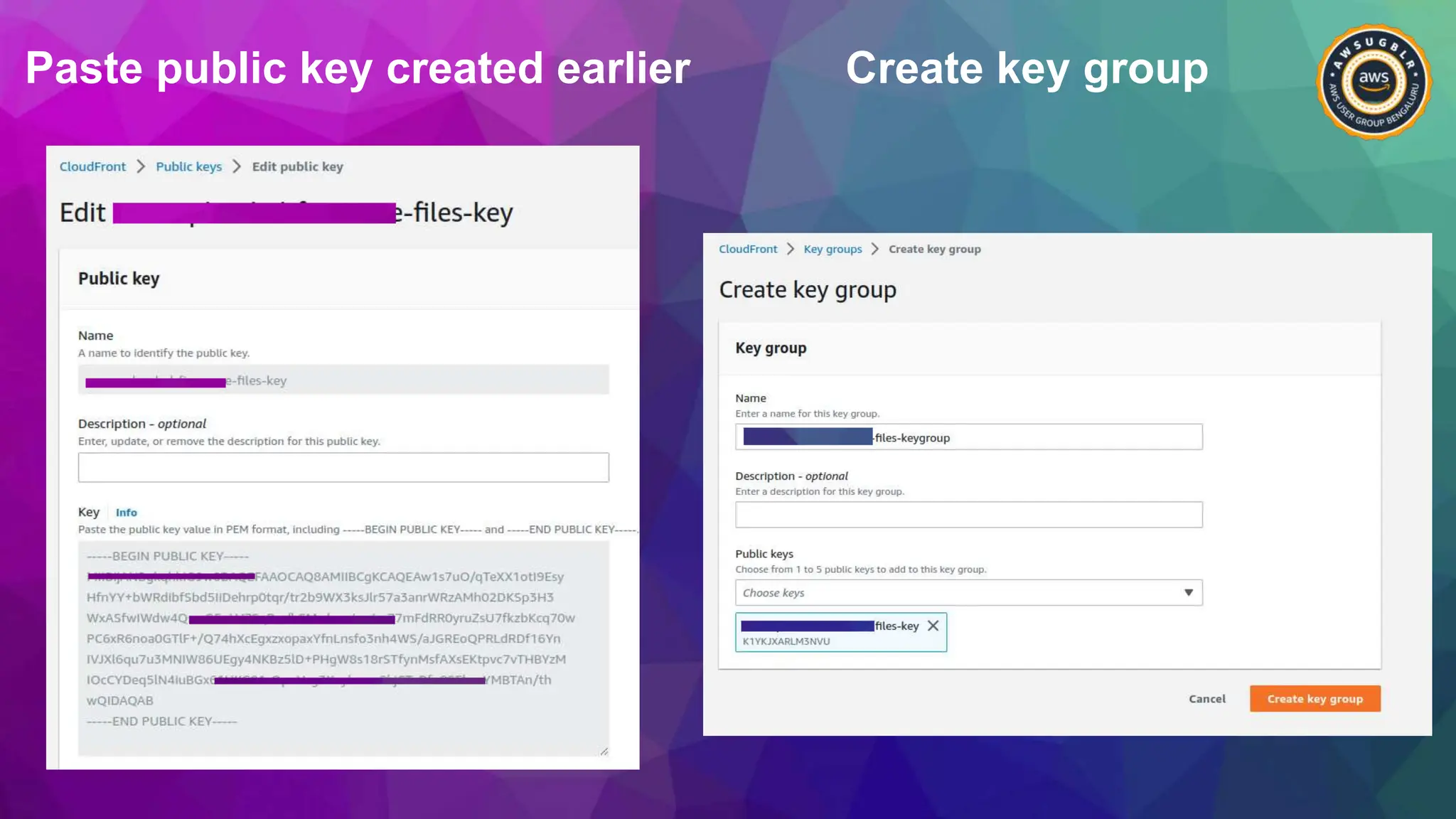 Paste public key created earlier Create key group
 