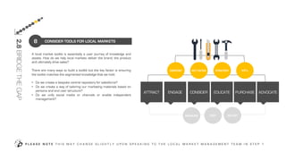 A local market toolkit is essentially a user journey of knowledge and
assets. How do we help local markets deliver the brand, the product
and ultimately drive sales?
There are many ways to build a toolkit but the key factor is ensuring
the toolkit matches the segmented knowledge that we hold.
• Do we create a bespoke central repository for salesforce?
• Do we create a way of tailoring our marketing materials based on
persona and end user structure?
• Do we unify social media or channels or enable independent
management?
CONSIDER TOOLS FOR LOCAL MARKETS
P L E A S E N O T E T H I S M A Y C H A N G E S L I G H T L Y U P O N S P E A K I N G T O T H E L O C A L M A R K E T M A N A G E M E N T T E A M I N S T E P 1
8
2.8BRIDGETHEGAP
3
2
7
8
9
4
5
6
ATTRACT EDUCATE PURCHASE ADVOCATEENGAGE CONSIDER
CONTENT STRATEGYKEY DATES KPI’s
MEASURE TEST ADJUST
 