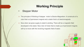 • Stepper Motor
 The principle of Working of stepper motor is Electro-Magnetism. It constructs of a
rotor that is of permanent magnet and a stator that is of electromagnets.
 Now when we gives supply to stator's winding. There will be a magnetic field
developed in the stator. Now rotor of motor that is made up of permanent magnet,
will try to move with the revolving magnetic field of stator.
Working Principle
 