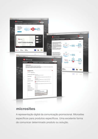 microsites
A representação digital da comunicação promocional. Microsites
específicos para produtos específicos. Uma excelente forma
de comunicar determinado produto ou solução.
 