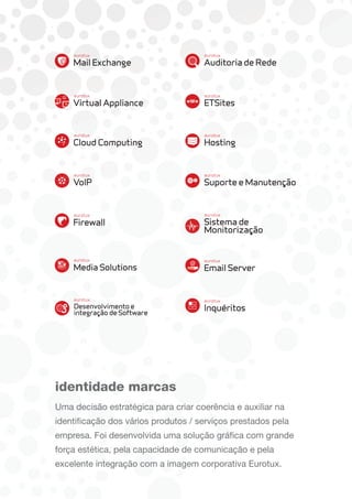 identidade marcas
Uma decisão estratégica para criar coerência e auxiliar na
identificação dos vários produtos / serviços prestados pela
empresa. Foi desenvolvida uma solução gráfica com grande
força estética, pela capacidade de comunicação e pela
excelente integração com a imagem corporativa Eurotux.
 