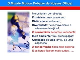 O Mundo Mudou Debaixo de Nossos Olhos!


              Muros foram derrubados;
              Fronteiras desapareceram;
              Distâncias encolheram;
              Diversidade: de inconveniente a
                altamente desejável;
              O consumidor se tornou importante;
              Meio ambiente virou preocupação;
              Qualidade de vida tornou-se uma
                aspiração;
              A concorrência ficou mais esperta;
              E as horas ficaram mais curtas…...
 