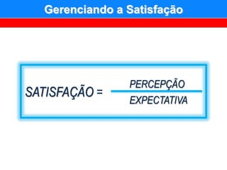 Gerenciando a Satisfação




                PERCEPÇÃO
SATISFAÇÃO =
                EXPECTATIVA
 