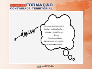 O cinema, os gêneros textuais, a
filosofia, a história, afilosofia, a
sociologia, a OAB, a leitura,, o
Enem...
Todos juntos na busca
daprimoramento para melhoria
da escrita argumentativa
 