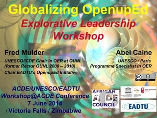 Globalizing OpenupEd
Explorative Leadership
Workshop
Fred Mulder Abel Caine
UNESCO/ICDE Chair in OER at OUNL UNESCO / Paris
(former Rector OUNL 2000 – 2010) Programme Specialist in OER
Chair EADTU’s OpenupEd Initiative
1
ACDE/UNESCO/EADTU
Workshop@ACDE Conference
7 June 2014
Victoria Falls / Zimbabwe
 