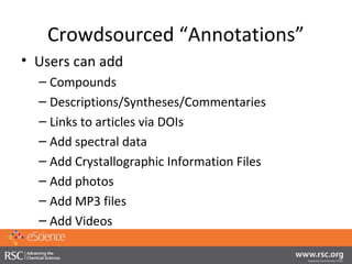 Crowdsourced “Annotations”
• Users can add
– Compounds
– Descriptions/Syntheses/Commentaries
– Links to articles via DOIs
...