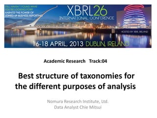 Academic Research Track:04
Best structure of taxonomies for
the different purposes of analysis
Nomura Research Institute, Ltd.
Data Analyst Chie Mitsui
 