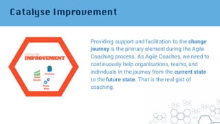 Catalyse Improvement
Providing support and facilitation to the change
journey is the primary element during the Agile
Coaching process. As Agile Coaches, we need to
continuously help organisations, teams, and
individuals in the journey from the current state
to the future state. That is the real gist of
coaching.
 