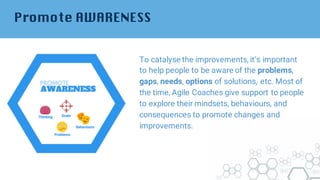 Promote AWARENESS
To catalyse the improvements, it’s important
to help people to be aware of the problems,
gaps, needs, options of solutions, etc. Most of
the time, Agile Coaches give support to people
to explore their mindsets, behaviours, and
consequences to promote changes and
improvements.
 