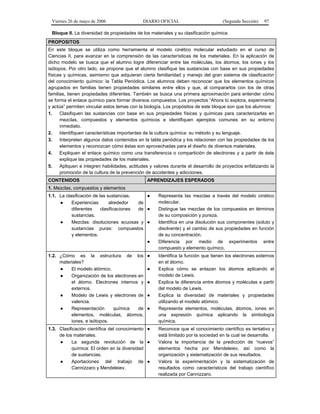 Viernes 26 de mayo de 2006                  DIARIO OFICIAL                        (Segunda Sección)   97

 Bloque II. La diversidad de propiedades de los materiales y su clasificación química
PROPOSITOS
En este bloque se utiliza como herramienta el modelo cinético molecular estudiado en el curso de
Ciencias II, para avanzar en la comprensión de las características de los materiales. En la aplicación de
dicho modelo se busca que el alumno logre diferenciar entre las moléculas, los átomos, los iones y los
isótopos. Por otro lado, se propone que el alumno clasifique las sustancias con base en sus propiedades
físicas y químicas, asimismo que adquieran cierta familiaridad y manejo del gran sistema de clasificación
del conocimiento químico: la Tabla Periódica. Los alumnos deben reconocer que los elementos químicos
agrupados en familias tienen propiedades similares entre ellos y que, al compararlos con los de otras
familias, tienen propiedades diferentes. También se busca una primera aproximación para entender cómo
se forma el enlace químico para formar diversos compuestos. Los proyectos “Ahora tú explora, experimenta
y actúa” permiten vincular estos temas con la biología. Los propósitos de este bloque son que los alumnos:
1.    Clasifiquen las sustancias con base en sus propiedades físicas y químicas para caracterizarlas en
      mezclas, compuestos y elementos químicos e identifiquen ejemplos comunes en su entorno
      inmediato.
2.    Identifiquen características importantes de la cultura química: su método y su lenguaje.
3.    Interpreten algunos datos contenidos en la tabla periódica y los relacionen con las propiedades de los
      elementos y reconozcan cómo éstas son aprovechadas para el diseño de diversos materiales.
4.    Expliquen el enlace químico como una transferencia o compartición de electrones y a partir de éste
      explique las propiedades de los materiales.
5.    Apliquen e integren habilidades, actitudes y valores durante el desarrollo de proyectos enfatizando la
      promoción de la cultura de la prevención de accidentes y adicciones.
CONTENIDOS                                     APRENDIZAJES ESPERADOS
1. Mezclas, compuestos y elementos
1.1. La clasificación de las sustancias.     ●      Representa las mezclas a través del modelo cinético
     ●     Experiencias       alrededor   de        molecular.
           diferentes     clasificaciones de ●      Distingue las mezclas de los compuestos en términos
           sustancias.                              de su composición y pureza.
     ●     Mezclas: disoluciones acuosas y ●        Identifica en una disolución sus componentes (soluto y
           sustancias puras: compuestos             disolvente) y el cambio de sus propiedades en función
           y elementos.                             de su concentración.
                                             ●      Diferencia por medio de experimentos entre
                                                    compuesto y elemento químico.
1.2. ¿Cómo es la estructura de los             ●    Identifica la función que tienen los electrones externos
     materiales?                                    en el átomo.
     ●    El modelo atómico.                   ●    Explica cómo se enlazan los átomos aplicando el
     ●    Organización de los electrones en         modelo de Lewis.
          el átomo. Electrones internos y      ●    Explica la diferencia entre átomos y moléculas a partir
          externos.                                 del modelo de Lewis.
     ●    Modelo de Lewis y electrones de      ●    Explica la diversidad de materiales y propiedades
          valencia.                                 utilizando el modelo atómico.
     ●    Representación     química     de    ●    Representa elementos, moléculas, átomos, iones en
          elementos, moléculas, átomos,             una expresión química aplicando la simbología
          iones, e isótopos.                        química.
1.3. Clasificación científica del conocimiento ●    Reconoce que el conocimiento científico es tentativo y
     de los materiales.                             está limitado por la sociedad en la cual se desarrolla.
     ●     La segunda revolución de la ●            Valora la importancia de la predicción de “nuevos”
           química: El orden en la diversidad       elementos hecha por Mendeleiev, así como la
           de sustancias.                           organización y sistematización de sus resultados.
     ●     Aportaciones del trabajo de ●            Valora la experimentación y la sistematización de
           Cannizzaro y Mendeleiev.                 resultados como característicos del trabajo científico
                                                    realizada por Cannizzaro.
 
