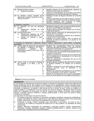 Viernes 26 de mayo de 2006                  DIARIO OFICIAL                        (Segunda Sección)   101

1.2. Modelo de ácidos y bases.                 ●    Identifica algunas de las características, alcances y
     ●   Modelo de Arrhenius.                       limitaciones del modelo de Arrhenius.
                                               ●    Explica el comportamiento de los ácidos y las bases
                                                    apoyándose en el modelo propuesto por Arrhenius.
1.3. Tú decides: ¿Cómo controlar los ●              Identifica la acidez de algunos alimentos de consumo
     efectos del consumo frecuente de los           humano.
     “alimentos ácidos”?                  ●         Valora la importancia de una dieta correcta y reconoce
                                                    los riesgos del consumo frecuente de alimentos ácidos.
                                               ●    Identifica sustancias para neutralizar la acidez
                                                    estomacal considerando sus propiedades.
2. Oxidación y reducción
2.1. La oxidación: un tipo de cambio           ● Identifica la oxidación como un tipo de cambio químico,
     químico.                                    así como sus principales características.
      ●    Experiencias alrededor de la       ●  Identifica algunos ejemplos de oxidación que se llevan
           oxidación.                            a cabo en su entorno.
2.2. Las reacciones redox.                    ●  Analiza algunas reacciones de óxido-reducción en la
      ●    Experiencias alrededor de las         vida diaria y en la industria.
           reacciones de oxido-reducción.     ●  Identifica las características oxidantes de la atmósfera
      ●    Número de oxidación y tabla           y reductoras de la fotosíntesis.
           periódica.                         ●  Establece una primera relación entre el número de
                                                 oxidación de algunos elementos y su posición en la
                                                 tabla periódica.
3. Proyectos de integración y aplicación. Ahora tú explora, experimenta y actúa (temas y preguntas
opcionales)
3.1. ¿Puedo dejar de utilizar los derivados ●    Identifica las características físicas de algunas
     del petróleo y sustituirlos por otros       sustancias derivadas del petróleo y de algunas de las
     compuestos?          (Ambitos        del    reacciones involucradas en su preparación.
     conocimiento científico, de la vida y de ●  Identifica la importancia estratégica de la petroquímica
     la tecnología).                             en la elaboración de sustancias indispensables para la
                                                 industria y la vida diaria.
                                              ●  Identifica la importancia de buscar recursos alternativos
                                                 para la satisfacción de necesidades en el marco del
                                                 desarrollo sustentable.
                                              ●  Valora las implicaciones ambientales del uso de los
                                                 derivados del petróleo.
3.2. ¿Cómo evitar la corrosión? (Ambitos ●       Identifica algunos problemas derivados de la corrosión
     del ambiente y la salud y de la             en distintos contextos y su relación con el entorno
     tecnología).                                natural.
                                              ●  Identifica la importancia de la electricidad en algunos
                                                 procesos químicos como la electrólisis y la
                                                 galvanoplastia.
                                              ●  Identifica las moléculas participantes en los procesos
                                                 químicos señalados y cómo pueden “diseñarse”.
                                              ●  Aprecia las contribuciones de la química al bienestar
                                                 social, así como algunos de sus riesgos y limitaciones.


 Bloque V. Química y tecnología
PROPOSITOS
En este bloque se pretende que los alumnos realicen un proyecto de integración a partir de la selección de
temas relacionados con la vida cotidiana y los intereses de los adolescentes. Dichos proyectos deben
orientarse al fortalecimiento de actitudes como la curiosidad, la creatividad, la innovación, el escepticismo
informado, la tolerancia y el respeto a otras formas de ver el mundo. El tema “¿Cómo se sintetiza un
material elástico?”, es obligatorio y hay que escoger otro entre los restantes. Idealmente todos los temas
deben ser investigados en cada grupo, por ello se sugiere formar equipos de trabajo. Cada proyecto
requiere considerar aspectos históricos y trabajos experimentales, al final todos los alumnos deben
compartir sus resultados.
Los propósitos de este bloque son que los alumnos:
1.    Se planteen preguntas, interpreten la información recopilada, identifiquen situaciones problemáticas,
      busquen alternativas de solución, seleccionen la mejor alternativa (según el contexto y las condiciones
      locales), argumenten y comuniquen los resultados de su proyecto y lo evalúen.
2.    Planifiquen su trabajo, diseñen estrategias para sistematizar la información, así como el uso y
      construcción de modelos, la búsqueda de evidencia en su vida cotidiana y la posibilidad de hacer
      predicciones.
3.    Apliquen diferentes metodologías de investigación, propongan hipótesis, diseñen experimentos,
      identifiquen variables, interpreten resultados, elaboren generalizaciones y modelos, expresen sus
      propias ideas y establezcan juicios fundamentados.
 